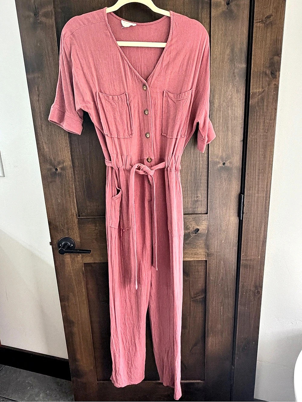 Orange Creek Linen Blend Button Front V-Neck Jumpsuit Pink Small Like New